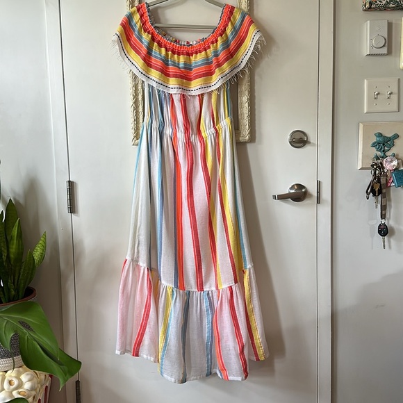 LEMLEM | Anthropologie Beach Dress in Stripes Lemon Zest High Low Off Shoulders - Picture 7 of 12